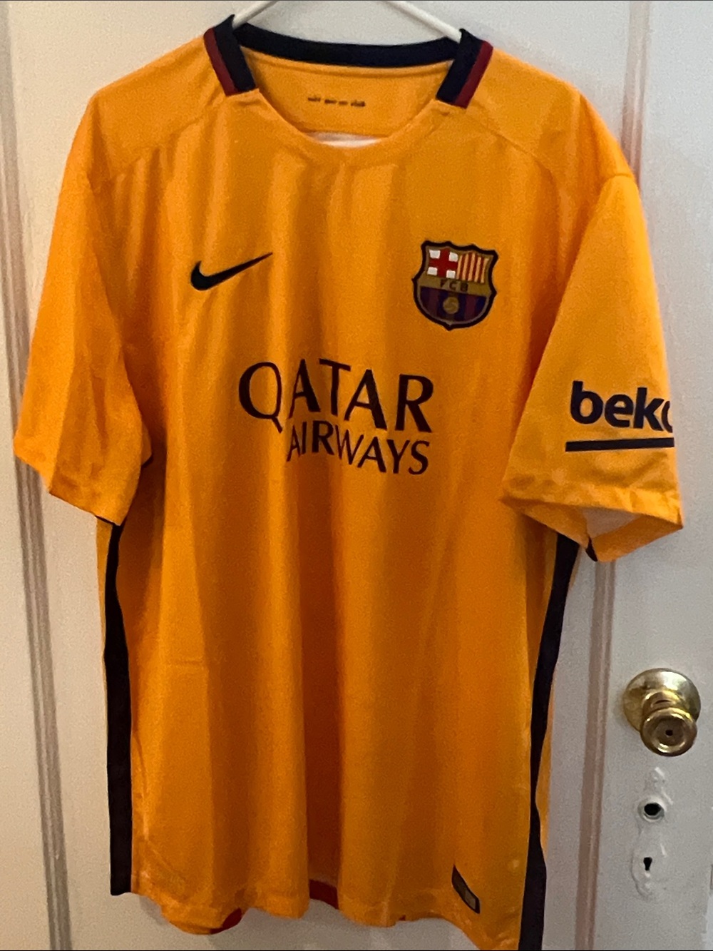 Nike Barcelona Yellow Soccer Jersey with Navy Accents 2015